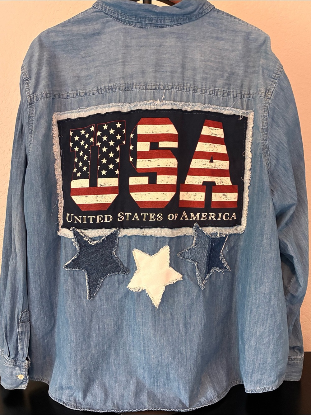 Patriotic USA Upcycled Denim Chambray  Shirt. Shirt. 2X.